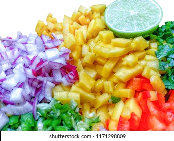 Pico De Gallo. Mango Salsa Ingredients. Diced Mango, Tomato, Red Onion, Cilantro, Jalapeno And Lime. Mexican Food.