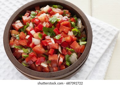 Pico De Gallo Salsa In Wooden Bowl.