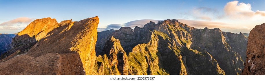 Pico Do Arieiro Mountain Trail, Madeira Island, Portugal. Panoramic Photography In The Mountains
