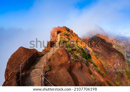 Pico do Arieiro to Pico Ruivo trek mysty landscape in Madeira island, Portugal