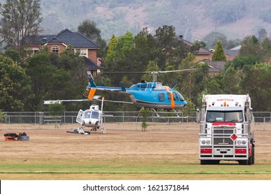 Picton, NSW / Australia - Dec 22 2019: Picton Sports Field Used As Aviation Operation Centre For Green Wattle Creek Bushfire NSW RFS Helicopter
