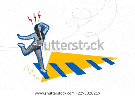 Picture 3d collage photo of young girl run crossing road pathway searching best safe direction go home isolated on grey drawn background