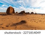 A picture of Al-Farid Palace in Al-Ula Governorate in the Kingdom of Saudi Arabia, rock formations in Saudi Arabia, tourist archaeological sites in Madain Saleh, tourism in Saudi Arabia