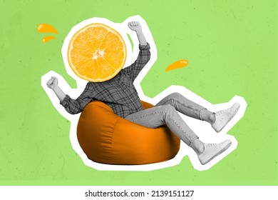 Picture of alien model with big half of orange fruit instead head sitting big fluffy armchair isolated on psychedelic gradient background