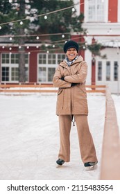 Picture Of Ambitious Adult Woman, Confidently Standing On Thin Ice.