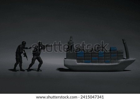 A picture of anti terrorist miniature and vessel miniature in low light. Vessel rescue operation.