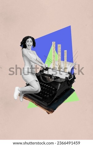 Picture artwork collage of carefree funky girl writing typing novel story rejoice success isolated on drawing background
