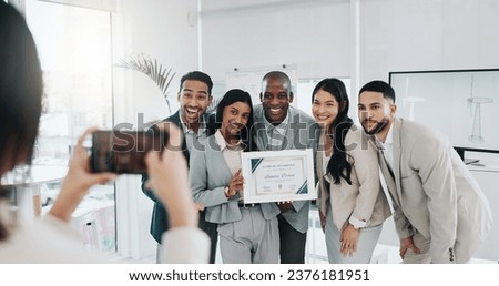 Picture, award and teamwork with business people in office for winner, support or photographer. Certificate, thank you and achievement with employees in engineering firm for partnership or well done