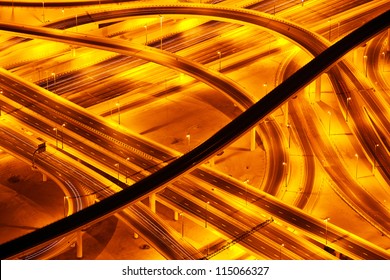 Picture of beautiful road at night, aerial view on highway in Dubai downtown, united arab emirates, conceptual of luxury tourism, illuminated expressway road in evening, new way architecture