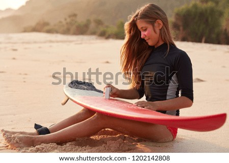 Similar – Image, Stock Photo Sandy beach with surfer