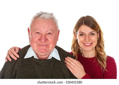 Picture of a beautiful young woman posing with her grandfather - isolated background