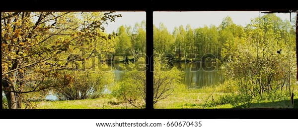 Picture in a black frame divided in half. Many\
trees around lake.