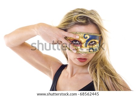 picture of a blond woman wearing a carnival mask over white