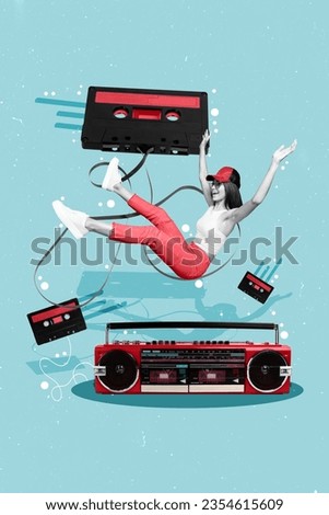 Picture collage artwork of crazy careefree girl listem music hits 90s good mood isolated on painted blue color background