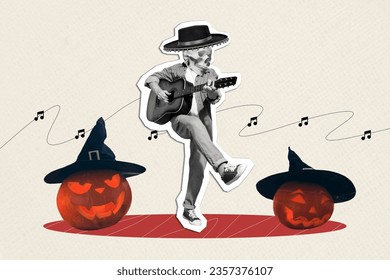 Picture collage image unknown unusual character no face playing guitar halloween festive concert isolated drawing background
