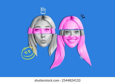 Picture collage poster of adorable lovely girl coquette sending you kiss falling in love isolated on drawing blue color background - Powered by Shutterstock