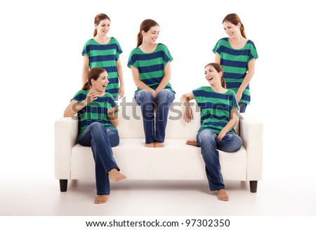 Picture collage of the same woman in diferent positions, isolated on white