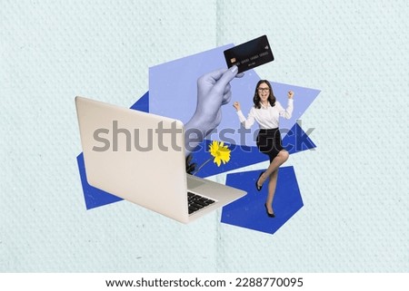 Picture collage young business lady earn stock money income credit card full money big netbook celebrate success creative background
