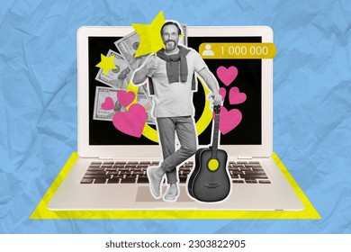 Picture creative collage advertisement of mature man million viewers blog youtube channel guitarist coach isolated on blue background