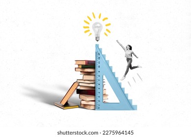 Picture of creative collage reaching high ruler jump girl fist up eureka lightbulb finally decision much books bookworm isolated on white background