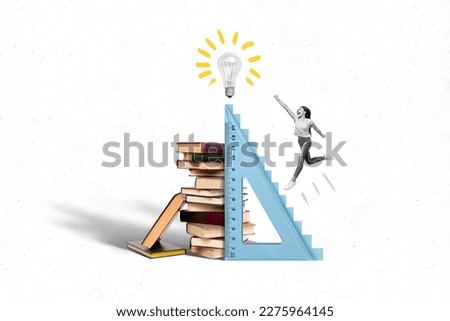 Picture of creative collage reaching high ruler jump girl fist up eureka lightbulb finally decision much books bookworm isolated on white background