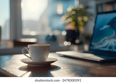 Picture of a cup of coffee with a laptop on a table - Powered by Shutterstock