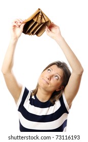 A Picture Of A Cute Girl Standing Against White Background With An Empty Wallet