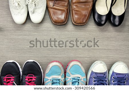 A picture of difference, Shot of several design of men and women shoes, The compare of leather and sport shoes.
