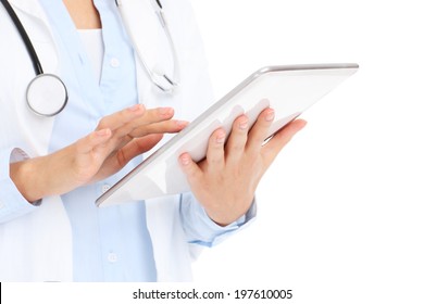 A Picture Of A Doctor Holding Tablet Over White Background