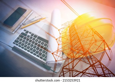 Picture Double Exposure Production Planning Of Power Generation And Transmission By High Voltage Pole