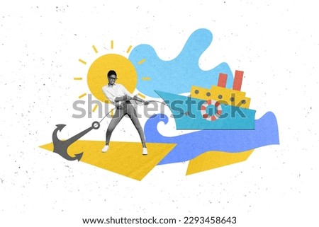 Picture drawing collage of sailor guy lady with strength pull port ship on coastline island