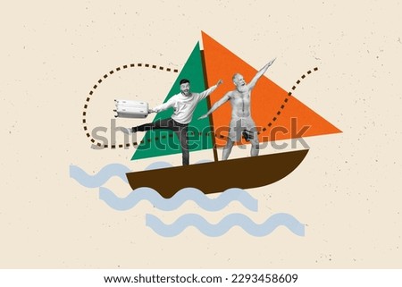 Picture drawing template collage of two people travel island resort hotel using fast speed ship sailboat enjoy marine waves