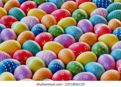 Picture of Easter eggs. Happy Easter. Cute pastel yellow, pink, violet, and blue colored eggs. Traditional bright colour painted eggs while spring celebration. A joyous celebration of Easter. - Powered by Shutterstock