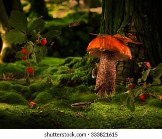 Picture - a fairy tale for children. A lot of different insects in the forest glade. Ant, spider, mantis, beetle, caterpillar, aphids, wasp. Forest Fairy Tale. Strawberries, mushroom