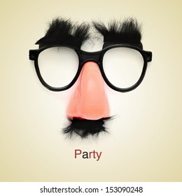 picture of fake glasses, nose and mustache and the word party on a beige background, with a retro effect