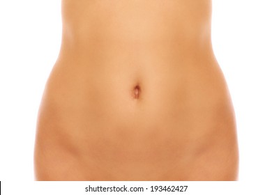 A picture of a female belly over white background