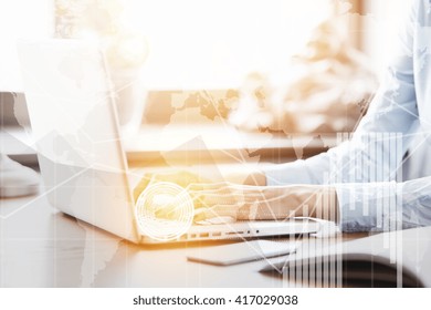 Picture Of Female Sales Manager Of A Big Trade Company Working On New Business Project. Close Up View Of Woman's Hands Typing Message On Generic Laptop In Modern Office. Worldwide Connection Interface