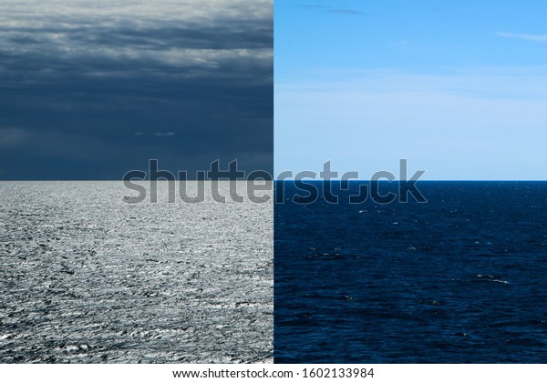 The Picture from a ferry between Sweden and Finland. The\
contrast between the sky and water. The collage of two situations.\
