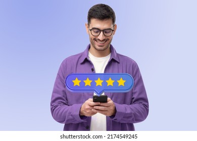 Picture With Five Star Rating Icon And Hipster Man Customer In Purple Jacket Giving Excellent Feedback For Prefect Service On Smartphone, Isolated On Blue Gradient Background