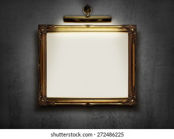 Picture Frame With Blank Canvas Hanging On A Wall In An Art Museum