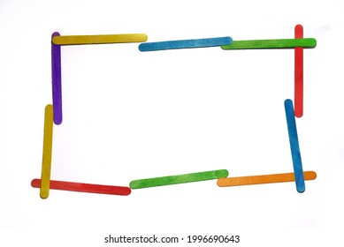 Picture Frame From Colored Popsicle Sticks  Arranged In A Rectangle  Isolated On A White Background