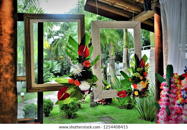 Picture Frames Decorated Tropical Flowers Hanging Stock Photo