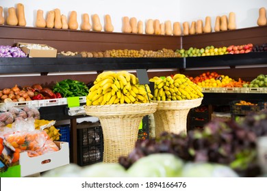 Picture Of Fresh Fruits On Counter In Food Market, No People