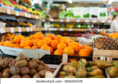 Picture Of Fresh Seasonal Fruits On Counter In Food Market, No People