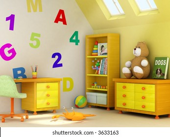 Picture Of A Girl, Book Covers, And Design On The Wall Are My Own Images. 3D Rendering Of A Children Room