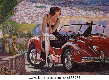  picture, girl, lady with a  retro car, classic car, looking for partnerships with artdillers, oil painting, artist Roman Nogin,sale original - contact facebook
