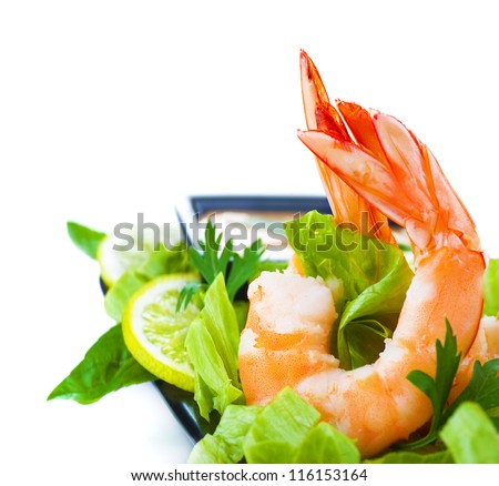 Picture of green salad with shrimps, Asian cuisine, fresh seafood platter, border isolated on white background, healthy eating concept, boiled prawn with vegetables, expensive delicates