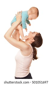 Picture Of Happy Mother Holding Adorable Baby Isolated On White