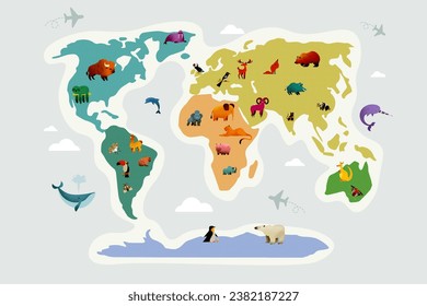 Picture image collage of all continents of earth wild animal species and marine life isolated on drawing background
