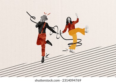 Picture image sketch minimal collage of cheerful positive people hold hands dancing night club isolated on white color painted background - Shutterstock ID 2314094769